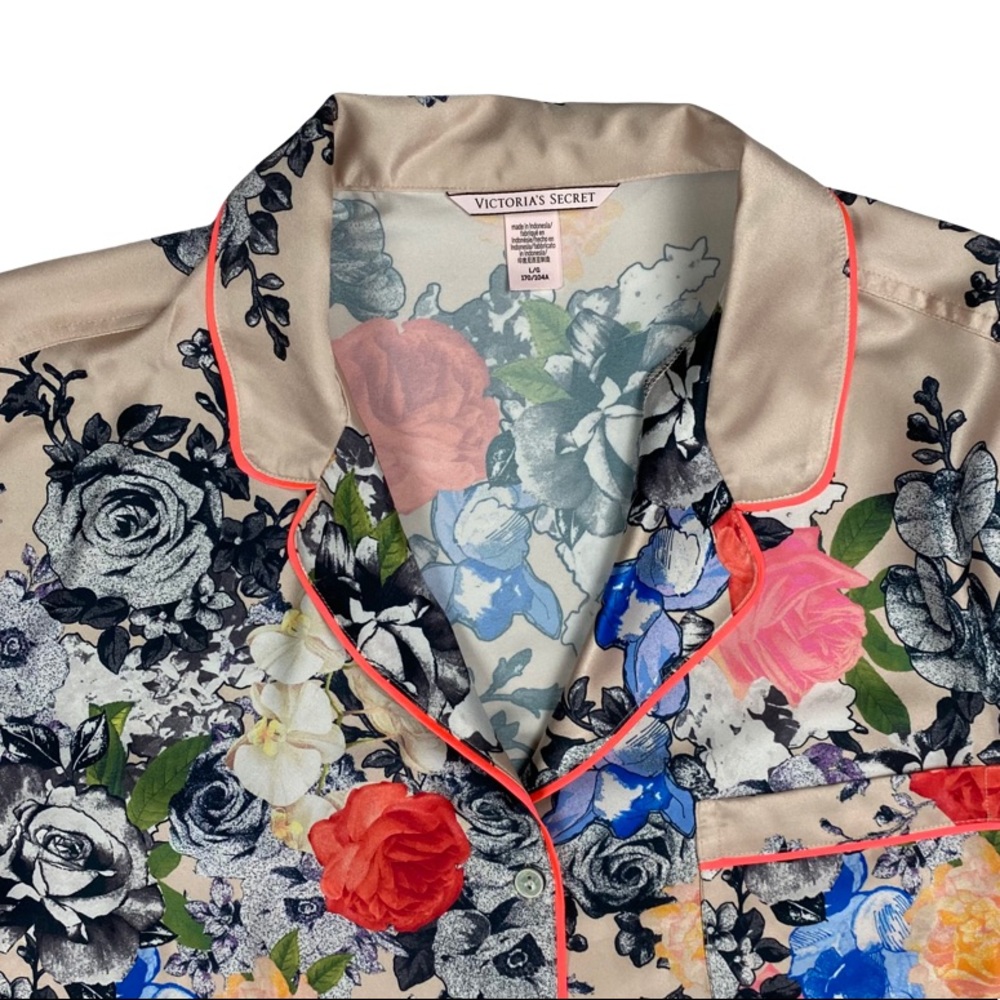 Silky Victoria’s Secret Pajama Top, Floral Button-up w/ Neon Pink Piping, Pocket - Picture 3 of 14
